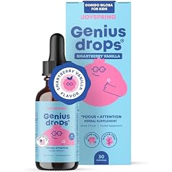 JoySpring Genius Kids Focus Drops, SmartBerry Vanilla, 30 Servings | Ginkgo biloba, gotu kola and peppermint, supports calm and steady attention, sugar-free vegan, smooth taste for daily use