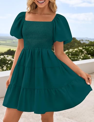Image of ZESICA Women's Boho 2026 Summer Square Neck Puff Sleeve Off Shoulder Smocked Tiered Casual A Line Short Mini Dress