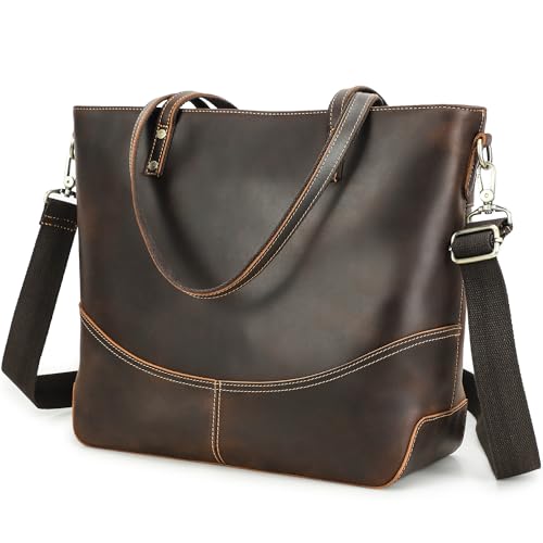 Image of Top Grain Leather 14.2 inch Laptop Tote Bag Briefcase for Man & Woman, Vintage Design & Adjustable Strap, Fits to 14.2 inch MacBook Pro /Air, Shoulder Bag Handbag for Office /Travel, Coffee 14.2 Inch