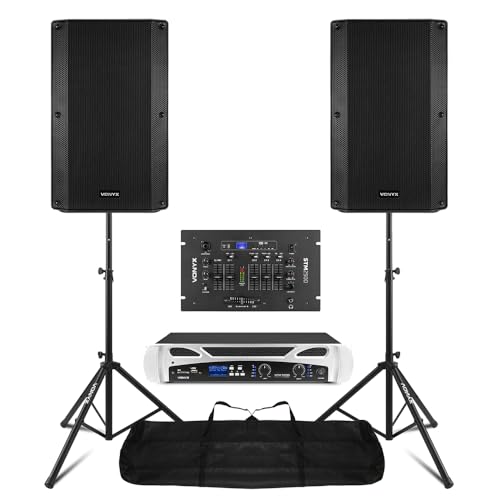 VONYX DJ Amplifier and Speaker Package with STM2500 Mixing Desk, Mobile Powered Setup, 1000W Passive Speakers, 500W Stereo Amp, Bluetooth, Stands Included