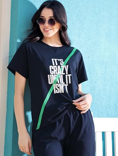 Image of ZEYO Night Suit for Women's Typography Printed Cotton Night Dress of Top and Joggers