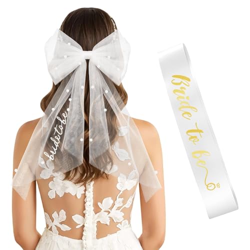 Dagelar Gold Bride to Be Sash &amp; White Hair Bow Veil for Bachelorette Party