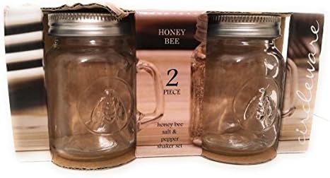 Circleware Honey Bee Mason Jar Mug Salt and Pepper Shakers with Glass Handles and Metal Lids, Set of 2, 5 oz