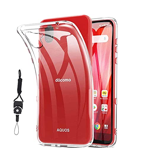 AQUOS R3 SH-04L / SHV44 用のケース カバー クリア 全透明 対応 TPU 耐衝撃 指紋防止 薄型 軽量 黄変防止 ストラップホール付属 ネックストラップ付 Qi充電対応 AQUOS R3