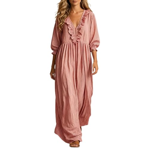 Robe d'été cintrée à col en V et volants fluides romantiques