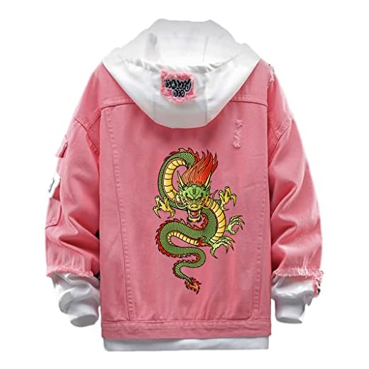 HJXXQ Herr vinter Sherpa foder jeansjacka 3D-utskrift Drakmönster Luvtröja Street Hip Hop Style kappa,Pink,XXL