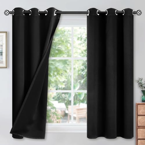 Image of YoungsTex Black 100% Blackout Curtains 45 Inches for Bedroom Thermal Insulated Total Room Darkening Curtains for Living Room Window with Black Back Grommet, 2 Panels, 42 x 45 Inch
