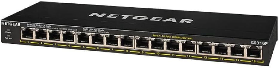 NETGEAR PoE Switch 16 Port Gigabit Ethernet Unmanaged Network Switch (GS316P) - with 16 x PoE+ @ 115W, Desktop or Wall Mount