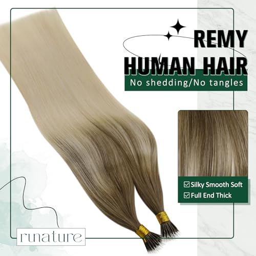 RUNATURE Nano Hair Extensions Real Human Hair Blonde Balayage Nano Beads Hair Extensions Blonde Ombre Invisible Ring Straight Remy Hair 12 Inch #BA8/60 - Image 2