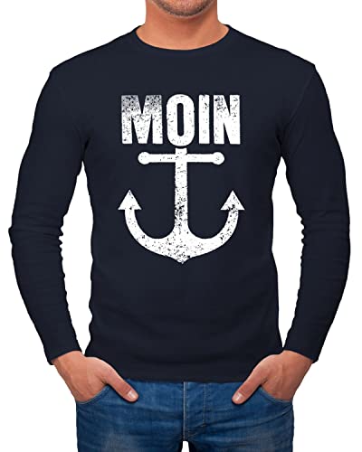 Neverless® Herren Longsleeve Moin Anker Retro Printshirt T-Shirt Aufdruck Maritim Nordisch Langarm-Shirt Fashion Streetstyle Navy L