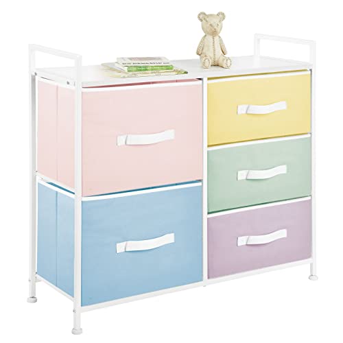 Image of mDesign 30.3" High Steel Frame/Wood Top Storage Dresser Furniture, 5 Fabric Drawers, Tall Bureau Organizer for Baby, Kid, Teen Bedroom, Nursery, Playroom, Dorm, Jane Collection, Bright Multi/White