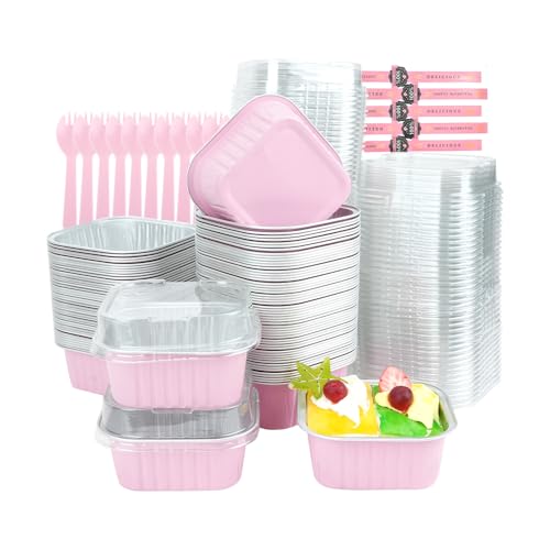 Miniatura 8 de Reton - Juego De 100 Moldes Para Tartas Cuadrados Con Tapas 141,7 G , Cajas De Magdalenas Con Pegatinas Y Tenedores Para Fiestas, Bodas Rosa