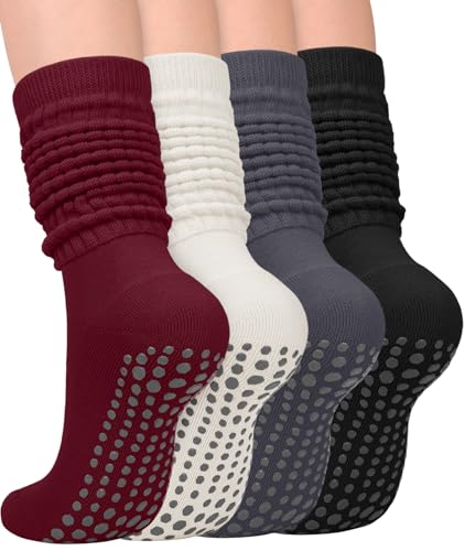 yeuG Grip Pilates Socks for Women, Yoga Slouch Socks with Grip for Barre Hospital Long Scrunch Slipper Socks grippy socks woman workout socks hospital socks