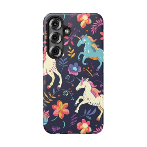 Coque Samsung S25 licorne colorée et motif floral rigide mate bleue