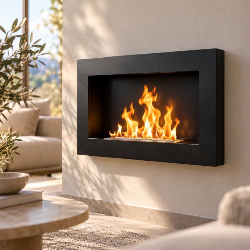 DIVINA Camino da Parete o Incasso Pisa Nero 65x12x40 cm 2 kW | Bruciatore inox 430SS da 0,35 L con lana di roccia, spessore 2 mm e autonomia dichiarata fino a 2 ore.