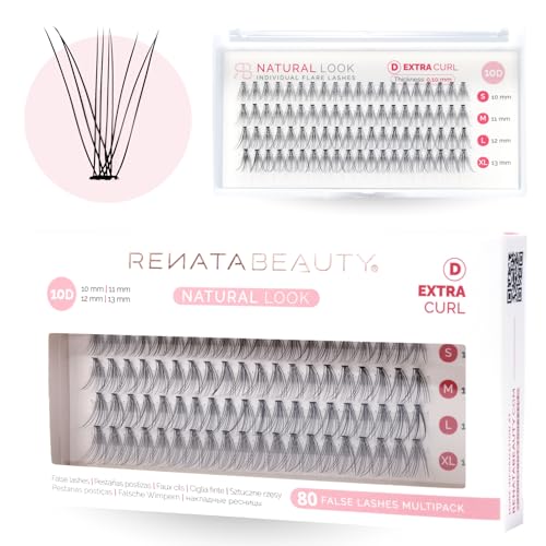 Renata Beauty 10D NATURAL Look Pestañas Postizas Individuales [D Curl] – Multipack de 80 Abanicos de 10 13mm – Extensión de Pestañas Falsas Individuales para Aplicar en Casa   Banda Invisible