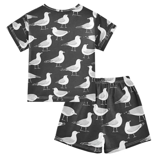 ALAZA Seagull Black Pajamas Set Short Sleeve Cotton Sleepwear Summer Pjs 2 Piece 5-14Y2