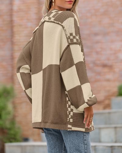 Image of BTFBM Casual Cardigan Sweater for Women Fall 2026 Long Sleeve Open Front Chunky Knit Sweaters Checkered Outwear Coat