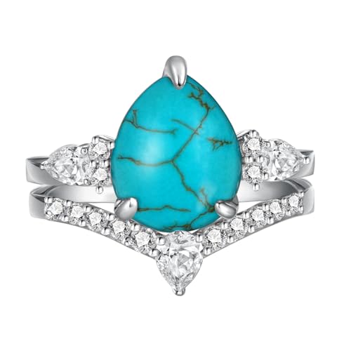 Genuine Sterling Silver Turquoise Wedding Ring Set - Real Turquoise Engagement Rings for Women