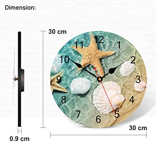 Image of TAHEAT Beach Seashell Starfish Wall Clock, Coastal Nautical Bathroom Decor and Accessories, Silent Decorative Battery Operated Clocks for Living Room Kitchen Bedroom, 12 Inch