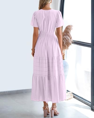 BTFBM Womens Summer 2026 Casual Midi Maxi Dresses Lightweight Short Sleeve V Neck Elastic Waist Boho Beach Dress Pockets(Light Pink Purple, XX-Large) — view 3