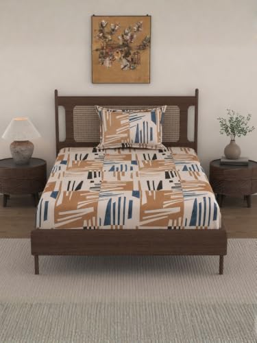 Image of Florida Brown Abstract Geometric Printed Single Bedsheet with 1 Pillow Cover, 150 TC Polycotton Bed Sheet (160 x 228 cm)