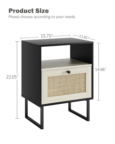 Image of Rattan Nightstand, Boho Night Stand Farmhouse Wood Bedside Table with Storage and Open Shelf, End Side Accent Table for Bedroom,Living Room,Black and Oak