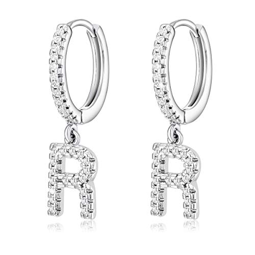 A-Z Orecchini a cerchio da donna a forma di iniziale, placcati in oro bianco 14 K, con zirconia cubica, 26 lettere, regalo per lei e 14K oro bianco placcato, colore: R, cod. SLW0164-R