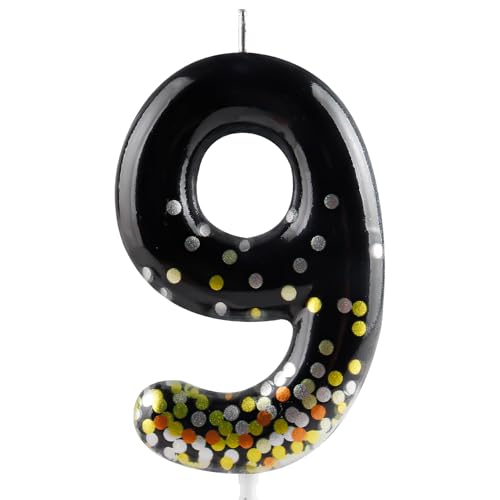 Hongplus Black Gold Confetti Number 9 Birthday Candle Cake Candles, Candles for Cake, Happy 9 Birthday Candles Cake Topper Decorations for Girls Boys Birthday Anniversary Wedding Party