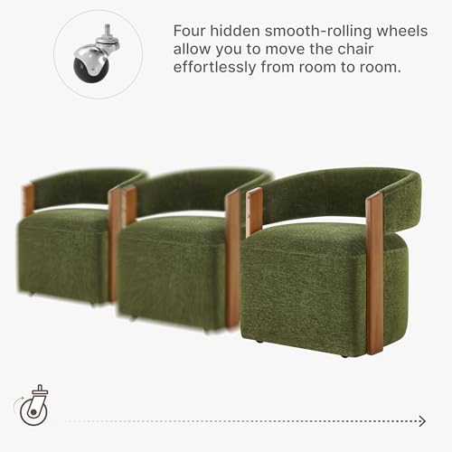 Image of KISLOT Upholstered Dining Chairs with Casters, Modern Barrel Side Armchair with Rollers & Wooden Armrest for Dining Room, Bedroom, Kitchen, Reading Room, Green, Set of 2