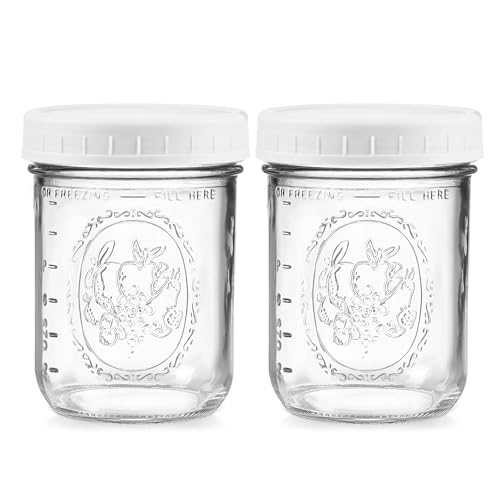 Wide Mouth Mason Jars 16 oz - (2 Pack) - Wide Mouth 16-Ounces Pint Mason Jars with White M.E.M Food Storage Plastic Lids - For Storage, Canning, Freezing, Leak Proof, Microwave & Diswasher Safe