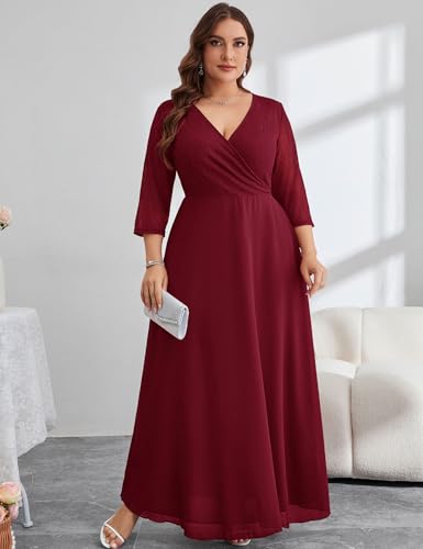 Image of ZOMVA Plus Size Maxi Formal Dress Lace Chiffon Floral V-Neck Wrap Wedding Guest Evening Gown Cocktail Prom 3 /4 Sleeves
