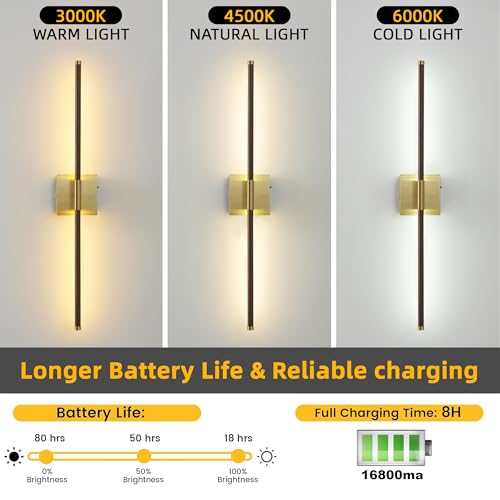 Image of 15800 mAh Battery Operated Wall Sconces with Remote Control Dimmable Battery Powered Cordless Rechargeable Wall Sconces Set of Two 3000K LED Walnut Wood and Brass Gold Wireless Wall Light for Bedroom