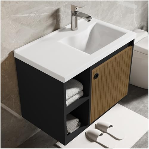 CONJUNTO GABINETE COM ESPELHEIRA E CUBA PARA BANHEIRO 60CM ADONIS PRETO RIPADO