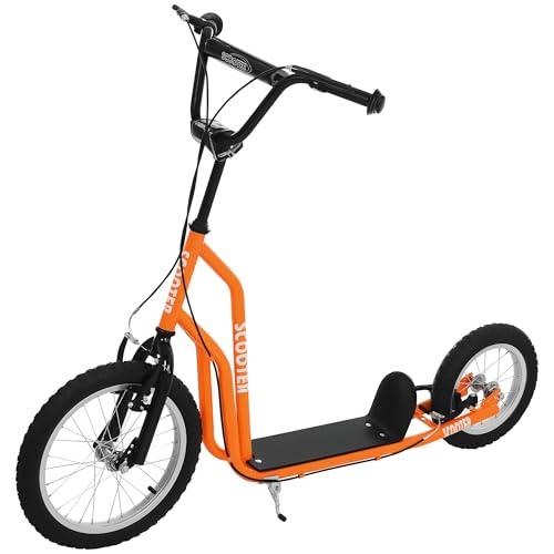 HOMCOM Kinderroller Scooter Tretroller mit verstellbarem Lenker, großen Rädern und Handbremse Kickscooter 16 Zoll Cityroller für Jungen und Mädchen ab 5 Jahre Metall Orange