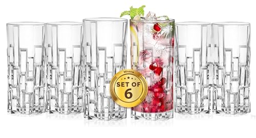 Image of Premium 350ML Juice Glasses Drinking Glasses, Highball Lead-Free Glasses, Tumblers for Water, Juice, Beer, Cocktail and Mixed Drinks - Pieces, Transparent (Lining Glasses, 6 Count (Pack of 1))