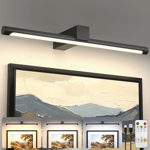 Metal Picture Light for Wall, Battery Operated Art Lighting for Paintings, Wireless Wall Lights for Picture with Remote&Timer, 3 Color Temperatures Dimmable Gallery Light for Artwork Portrait Black 1