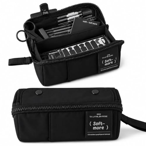 Image of Invite Multi-Functional Soft Pencil Case for Girls | Large Capacity Zipper Pouch with Multiple Compartments | Aesthetic Stationery Organizer for School, College & Office (Soft More Black)