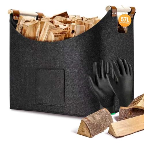 PPliable Panier Pour Cheminée, Sac a Buches, Panier à Bois de Chauffage, avec poignée en bois et, Sacs en feutre pliables, pour Journaux, Jouets, Magazines et Des (gris foncé)