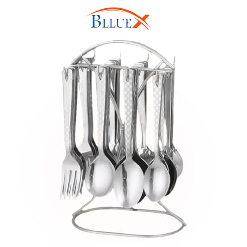 Image of Premium Stainless Steel, 25-Piece Cutlery Set for Kitchen & Table (6 Dessert Table Spoons, 6 Forks, 6 Tea Spoons, 6 Soup Spoons, 1 Storage Stand) (25, Silver)