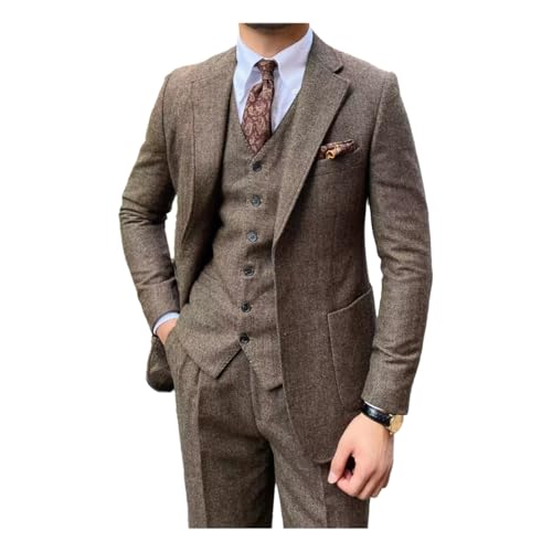 SevenBoy Men's 3-Piece Herringbone Suit Classic Gray Business Formal Wear Slim Fit Jacket with Vest and Pants