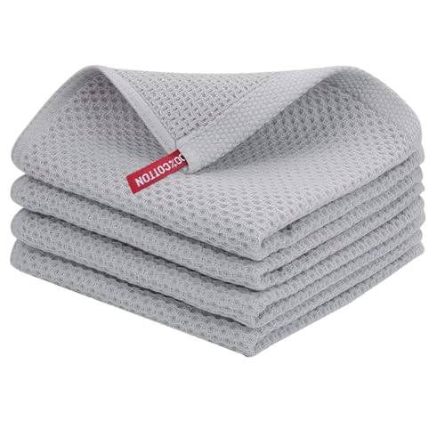Steowsey 100% Cotton Waffle-Weave Kitchen Dish Cloths, Ultra Soft Absorbent Quick Drying Dish Towels Light Grey 34x34cm