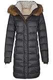 Wärmender Milestone Damen Daunenmantel Wintermantel mit modischem Steppmuster und abnehmbarer Kapuze mit Echtfellbesatz in den Farben Marine Blau und Anthrazit.