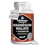 Magnésium Malate 1800 mg avec Vitamine B6, Métabolisme Énergétique, Protéines et Glycogène, Récupération Musculaire & Endurance, 180 Capsules Végétales, Vitamaze