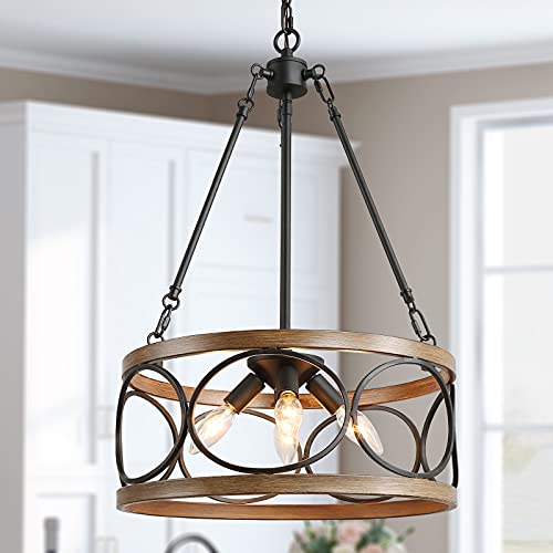 Black Friday - 40% OFF Durent Lighting Farmhouse Chandelier, 4-Light Drum Chandeliers for Dining Room, Bedroom, Kitchen and Foyer, Faux Wood & Black Finishes