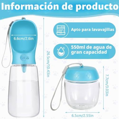 Miniatura 2 de Frasheng 550ml Botella De Agua Para Mascotas Con 80g Recipiente De Comida, Botellas De Agua Para Perro Gato, Antibacteriano, Portatil, Botella Para Perros, Para Senderismo Y Acampada Azul