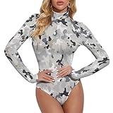 MUMEHAZ Women's Long Sleeve Tops Army Camouflage 3D Print Bodysuit Jumpsuit High Neck Fall Slim Fit Pullover Tops Casual Stretchy Top