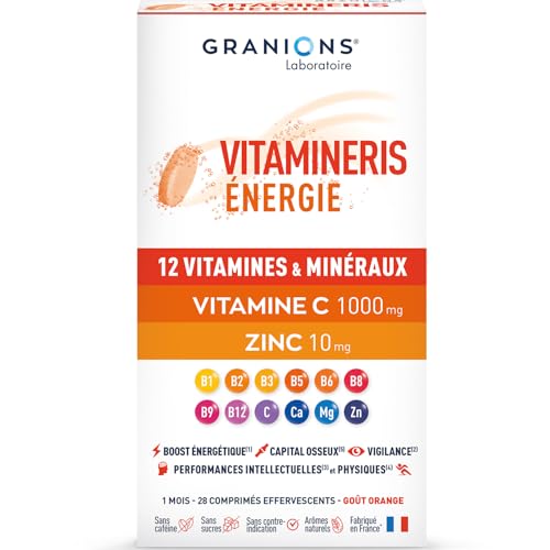 Granions Vitamineris Énergie 1000mg - 28 comprimés effervescents = 1 mois - Énergie continue - Performances intellectuelles et physiques - 12 vitamines et minéraux - Made in France