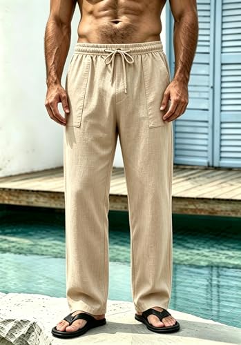 Cegerne Pantalon en Lin Homme Long Léger, Pantalon d'Été Décontracté avec Taille Élastique et Cordon, pour Plage Vacances Médiéval Vintage Usage Quotidien, Chameau, XL – vue 3