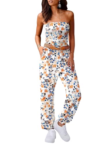 AUXDIO Women\'s Tube Top Strapless One Piece Jumpsuit Spring Holiday Stylish Soft Romper with Pockets Printed 7 L